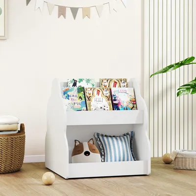 Produktbild von SUGIFT Kinderregal auf Rollen beidseitig, Bücherregal Kinderzimmer MDF, Weiß | 54x50x56 cm | 4 Regalböden | abgerundete Kanten