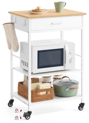Obrázek produktu pro Vozík do kuchyně – servírovací vozík/kuchyňský ostrůvek – nerezová ocel – 47x60x90 cm – zásuvka a 2 háčky – s kolečky – úložný prostor – bílý