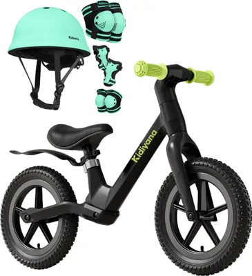 Produktbild von Kidiyana 12-Zoll Laufrad - Schutzausrüstung S - Kinderhelm XS - Schwarz Bundle - Amazon