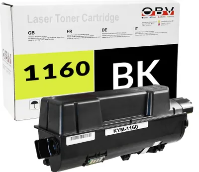 A black laser toner cartridge and its packaging are shown against a white background.