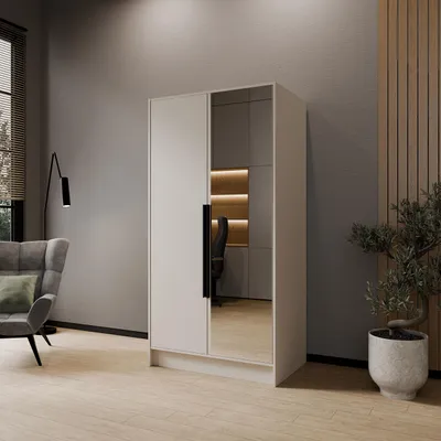Image de Armoire à portes battantes LARO 100 cm Armoire moderne avec miroir et portes lisses, cachemire avec poignées noires