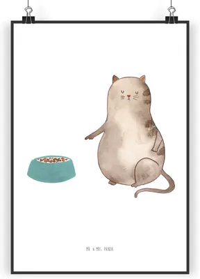 Produktbild von Mr. & Mrs. Panda Bild Katze Fressen DIN A5 - Weiß - Geschenk, wanddeko, Kunstdruck, Wandbild, drucke, Plakat