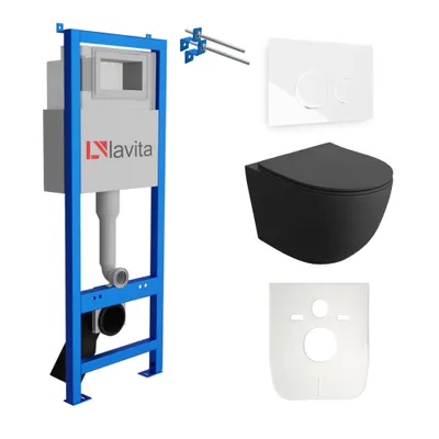 Produktbild von Lavita LAV 101 Vorwandelement für WC 40cm + Wand Hänge Tiefspül WC SINTO Schwarz Spülrandlos + Bedienplatte LAV 200.4.1 Weiß  | Komplettset | Unterputz Spülkasten | Toilette Komplett Sett