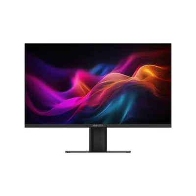 A black computer monitor with a colorful abstract image displayed on its screen, placed on a white background.