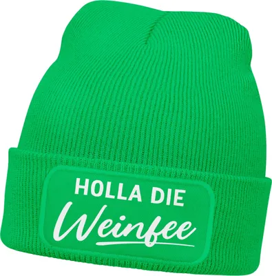 Produktbild von Damen Beanie mit Patch Strickmütze mit Spruch Holla die Weinfee Aufdruck Lustig Damenmütze Moonworks®
