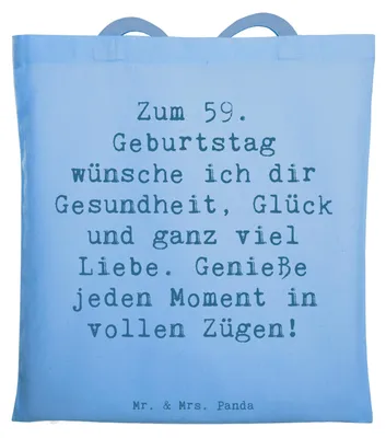 Produktbild von Mr. & Mrs. Panda Jutebeutel Spruch 59. Geburtstag - Sky Blue - Geschenk, 59 Jahre, Geburtstagswunsch, dokumententasche, Tasche, Geburtstagsgeschenk, Glück, Tote Bag