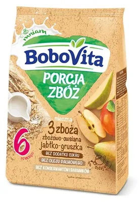 Obrázok produktu pre BoboVita Kaszka Mleczna 3 Zboża Jabłko Gruszka dla Dzieci od 6. miesiąca 210 g