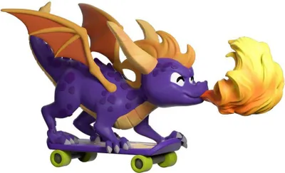 A purple dragon character on a skateboard, breathing fire.