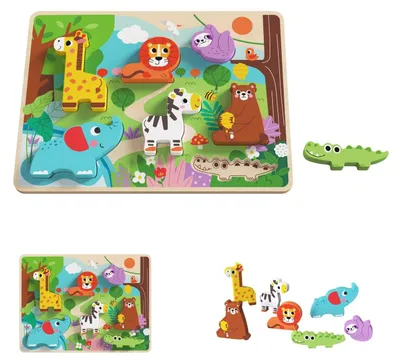 Produktbild von Tooky Toy 3D Kinder Holz-Puzzle Tiere, 8-teiliges Steckpuzzle, ab 12 Monaten braun