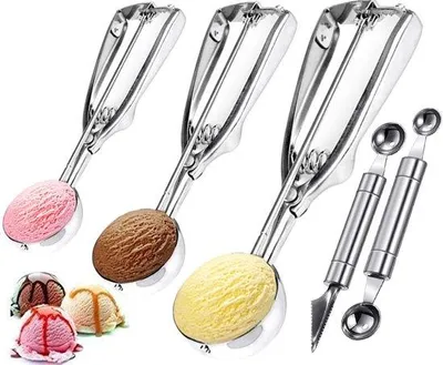 Productafbeelding van Unyqoos® 3-delige portieschepset van voedselveilig 304 roestvrij staal – Ø 4/5/6 cm, vaatwasmachinebestendig, ergonomische uitwerper voor ijs, koekjes en fruit