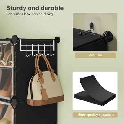 Produktbild von Schuhschrank - Modulares Schuhregal - Faltbar - Stapelbar - Mit Türhaken - Metall/PP/ABS - 30 x 80 x 60 cm - Schwarz