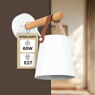 Zdjęcie produktu dla Lampa ścienna wewnętrzna, biała, jednoźródłowa, abażur z tkaniny, drewno i sztuczna skóra, marka ARTE LAMP Thomas, gwint E27, moc do 60 W, idealna do sypialni, wymiary: 22 x 13 x 25 cm, model: A7032AP-1WH