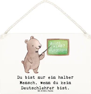 Produktbild von Mr. & Mrs. Panda Schild Deutschlehrer Herz DIN A6 - Weiß - Geschenk, Wandbild Holz, holzbild, Grundschule, Holzschild, Lustig, Spruch, Witzig, wandtafel, Türschild