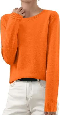 Image de ASKSA Femme Pull en tricot Elégant Pull en tricot uni Duenne Pull d'hiver en tricot fin Stretch Chaud Pull en laine Basic Pull à col rond,Orange,L