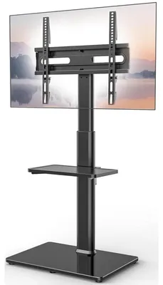 Immagine prodotto di Supporto TV regolabile in altezza con ripiano, per schermi da 27 a 65 pollici, standard VESA 100x100-400x400, capacità di carico 40 kg, colore nero