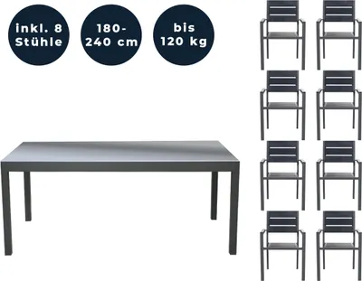 Produktbild von HOME DELUXE - Gartentisch ausziehbar - SOL - ca. 180 (240) x 90 x 75 cm - inkl. 8 Stühlen, inkl. Zubehör I Gartenmöbel Ausziehtisch Balkonset