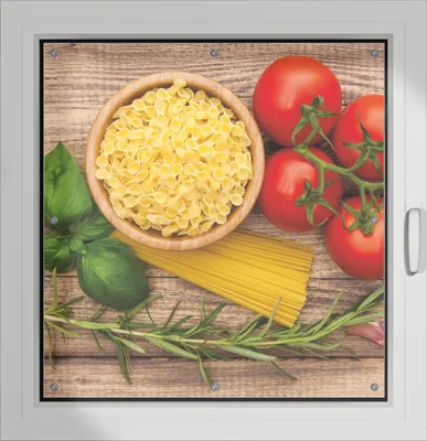 Produktbild von Wallario Lichtschutzbild, Dekorativer Sichtschutz Sonnenschutz 96 x 100 cm mit Motiv: Spaghetti mit Tomaten, Knoblauch und Basilikum - Verdunklung ohne Bohren