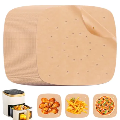 Image de Papier de cuisson pour friteuses à air chaud – 200 feuilles, papier antiadhésif perforé pour friteuses à air chaud, 21,5 cm x 21,5 cm