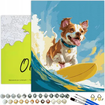 Obrázok produktu pre Maľovanie podľa čísel Dospelí a deti Zvieratá Pes Surfer 50x40 - 31 akrylových farieb, plátno s dreveným rámom, 3 štetce a príslušenstvo Oh Art!