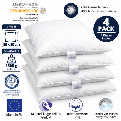 Produktbild von 4-er Set | Kopfkissen 80x80 cm | Füllung: 1500 Gramm Daunen | 100% Natur Kissen | Bezug: 100% Baumwolle | Daunenkissen 80 x 80 cm