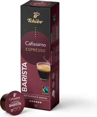 A box of Tchibo Cafissimo Espresso Barista coffee capsules and one capsule.