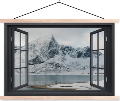 Produktbild von MuchoWow® Textilposter Aussicht - Winter - Berg 120x80 cm mit holzfarbenen Rahmen - Aufhängeset