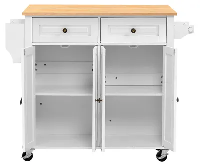 Immagine prodotto di Carrello isola da cucina SucceBuy con 2 cassetti e 4 ante, carrello da cucina mobile bianco, dotato di portaspezie, porta asciugamani e piano di lavoro estendibile (900 x 395 x 15 mm), ideale per la cucina o come carrello di servizio