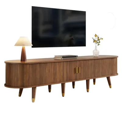 Produktbild von TV-Schrank 175 cm mit Rattan-Schiebetür, Walnussoptik & viel Stauraum – Landhausstil Fernsehtisch aus MDF mit offenen Fächern, Schubladen & Schrank