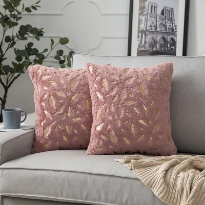Produktbild von 2er Set Plüsch Kissenbezug 45 x 45 cm Gold Feder Dekokissen Kissenhülle für Couch Sofa Home Bett Deko, Pink