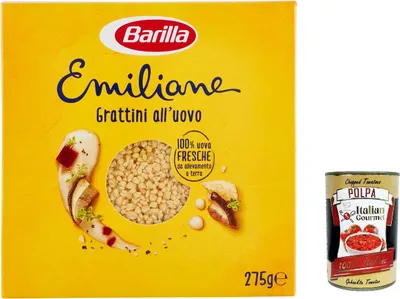 Produktbild von 5x Barilla Pasta all' Uovo Le Emiliane Grattini, Eiernudeln, Pasta mit Ei 275g + Italian Gourmet polpa 400g