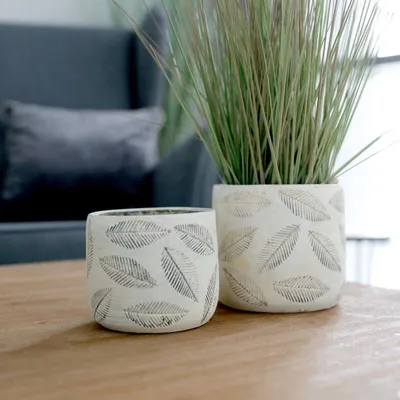 Image de 6x Cache-pot Feuille L D14xH13cm Ciment Plantes Fleurs
