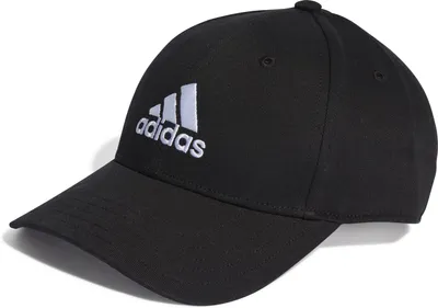 A black Adidas baseball cap with a white Adidas logo.