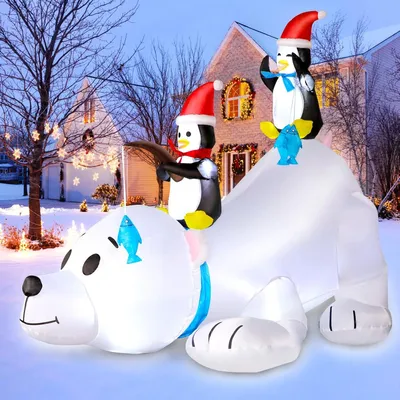 Productafbeelding van 180 cm kerstdecoratie opblaasbaar - 6 ft opblaasbare ijsbeer en twee pinguÃ¯ns lED-Kerstdecoratie