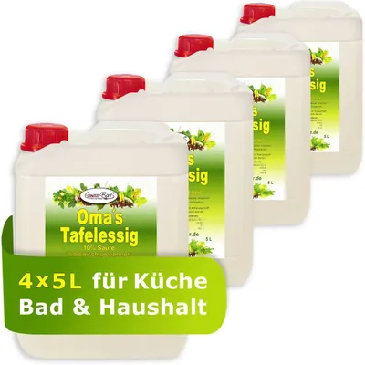 Produktbild von 4x 5L Oma`s Tafelessig 10% Säure / Geschmacks Sieger für die gute Küche / Biologisch gewonnen / Glanz im Bad / Entkalken ohne Chemie / Premium Haushaltsessig