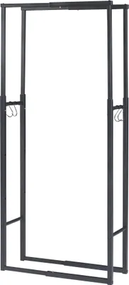 A black metal firewood rack with adjustable height and width.