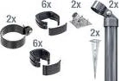 A collection of fence connection accessories, including clips, a ground spike, and a mounting bracket, arranged on a white background.