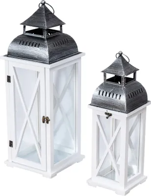 Produktbild von 2er Set Laterne aus Holz Weiß Metall Kerzenhalter Windlicht Holzlaterne Deko Bodenlaternen Gartenlaternen Landhaus Dekoration