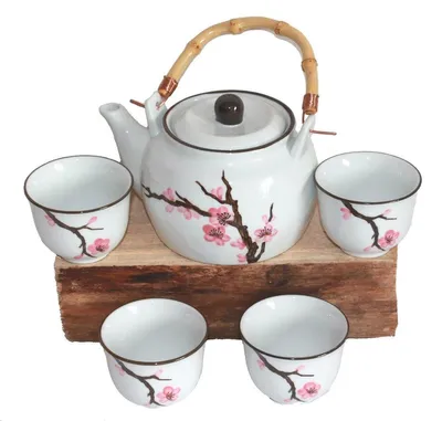 Produktbild von 112 Teeset Sakura weiß 5 tlg. Keramik mit Kirschblütenzweig