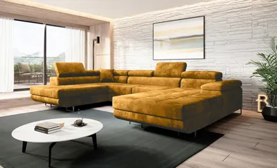 Produktbild von Easy4You Senf Ecksofa Varberg Velours in U-Form 345 x 72 x 205 cm mit Schlaffunktion und Bettzeugbehälter - Schlafsofa mit Bettkasten - Eckcouch mit Stauraum - Stoff: Monolith 48