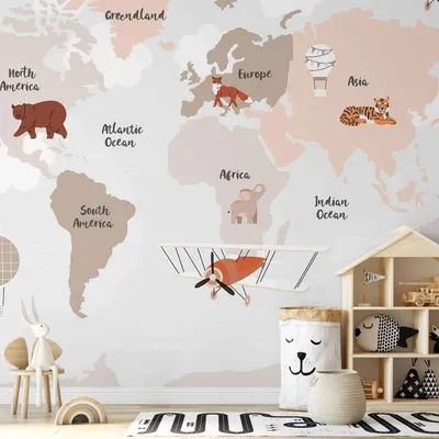 Produktbild von Vlies Fototapete - Map in Shades of Beige - Continents With Animals 450x315 cm Für Kinder e-C-10095-a-a