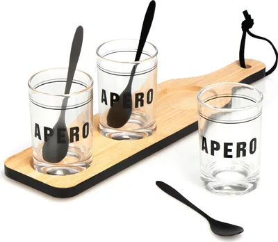 Produktbild von COM-FOUR® 7-teiliges Appetizer-Set, Bambus-Servierbrett mit Gläsern und Löffeln, für Vorspeisen, Aperitifs, Amuse-Bouche, Snacks, Dips, Soßen und Desserts