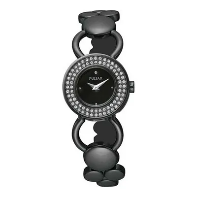 A black women's watch with a crystal-embellished bezel and a link bracelet.