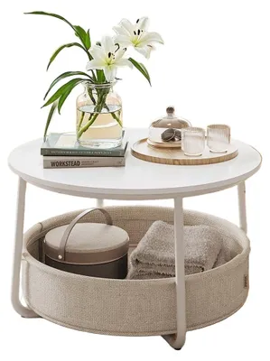 Produktbild von Beistelltisch mit Stoffkorb – weiß/braun – platzsparend – 75 x 45 cm