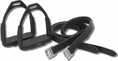 Produktbild von AMKA Steigbügel  mit Gelenk schwarz Sicherheitssteigbügel mit Steigbügelriemen aus Leder im Set