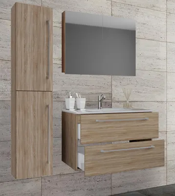 Produktbild von VCM 4-tlg. Waschplatz Waschtisch | Waschbecken Unterschrank Breite 80 cm | Badmöbel Set mit Schubladen Drehtüren Spiegelschrank | Badinos