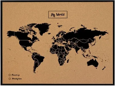 Image de Tableau d'affichage en liège Carte du monde 60x90cm avec impression de carte du monde en MDF noir