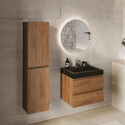 Produktbild von LOMAZOO Badmöbelset AZURO 60 cm - Mit Hochschrank - Warmes Eichenholz - Waschbecken Schwarz