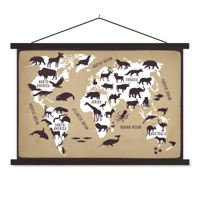 Produktbild von MuchoWow® Textilposter Weltkarte - Tiere - Braun 150x100 cm mit schwarzem Rahmen - Schlafzimmer