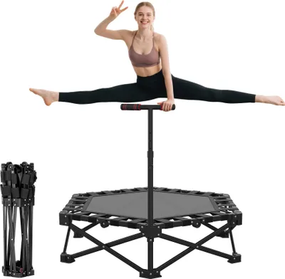 Obrázok produktu pre FUNTOK 122 cm skladacia mini trampolína 200 kg, 95 % predmontovaná, tichý bungee odrazový mostík s nastaviteľnou rukoväťou pre vnútorné fitness