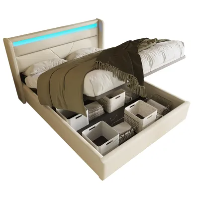 Produktbild von Polsterbett 140x200 cm, Doppelbett mit LED-Beleuchtung, Lattenrost und Stauraum, gepolsterter Kopfteil, Kunstleder